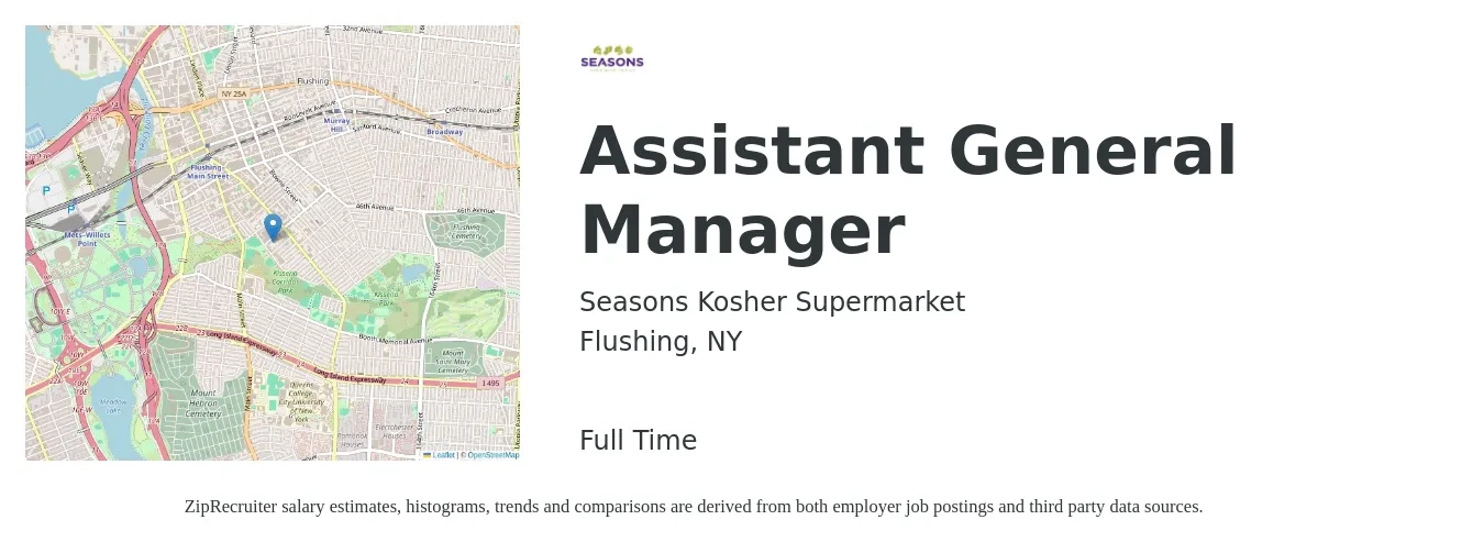 Seasons Kosher Supermarket job posting for a Assistant General Manager in Flushing, NY with a salary of $17 to $26 Hourly with a map of Flushing location.