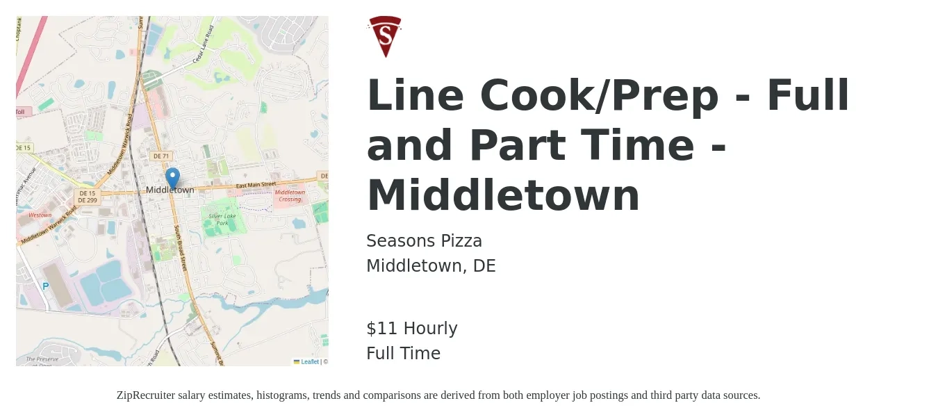 Seasons Pizza job posting for a Line Cook/Prep - Full and Part Time - Middletown in Middletown, DE with a salary of $12 Hourly with a map of Middletown location.