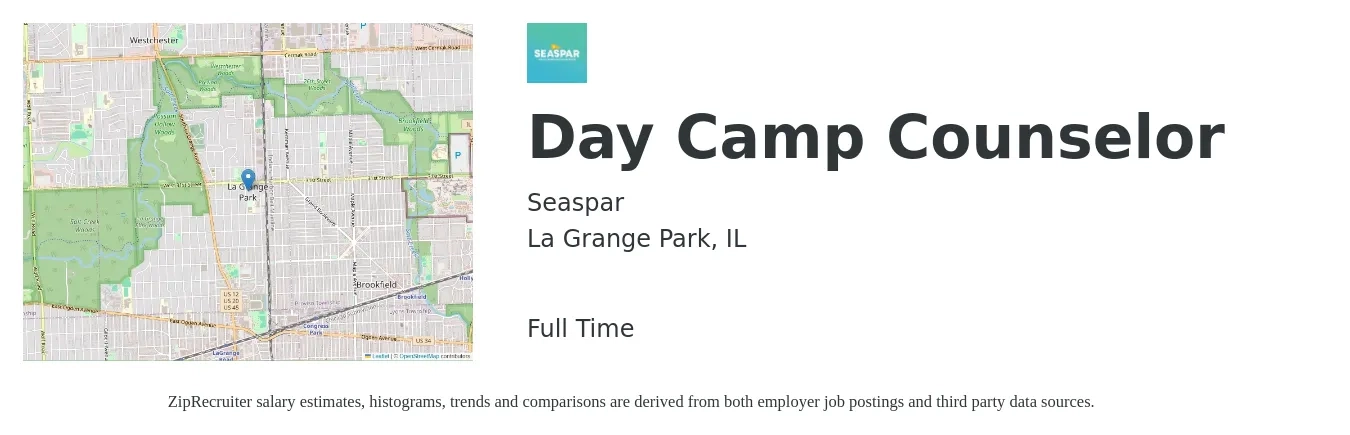 Seaspar job posting for a Day Camp Counselor in La Grange Park, IL with a salary of $14 to $18 Hourly with a map of La Grange Park location.
