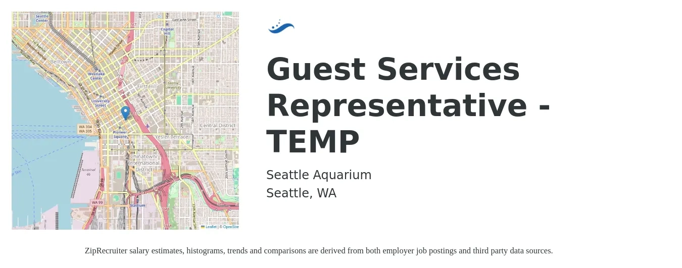 Seattle Aquarium job posting for a Guest Services Representative - TEMP in Seattle, WA with a salary of $15 to $19 Hourly with a map of Seattle location.