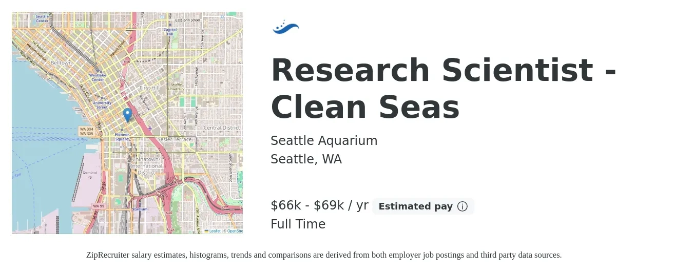 Seattle Aquarium job posting for a Research Scientist - Clean Seas in Seattle, WA with a salary of $66,600 to $69,000 Yearly with a map of Seattle location.