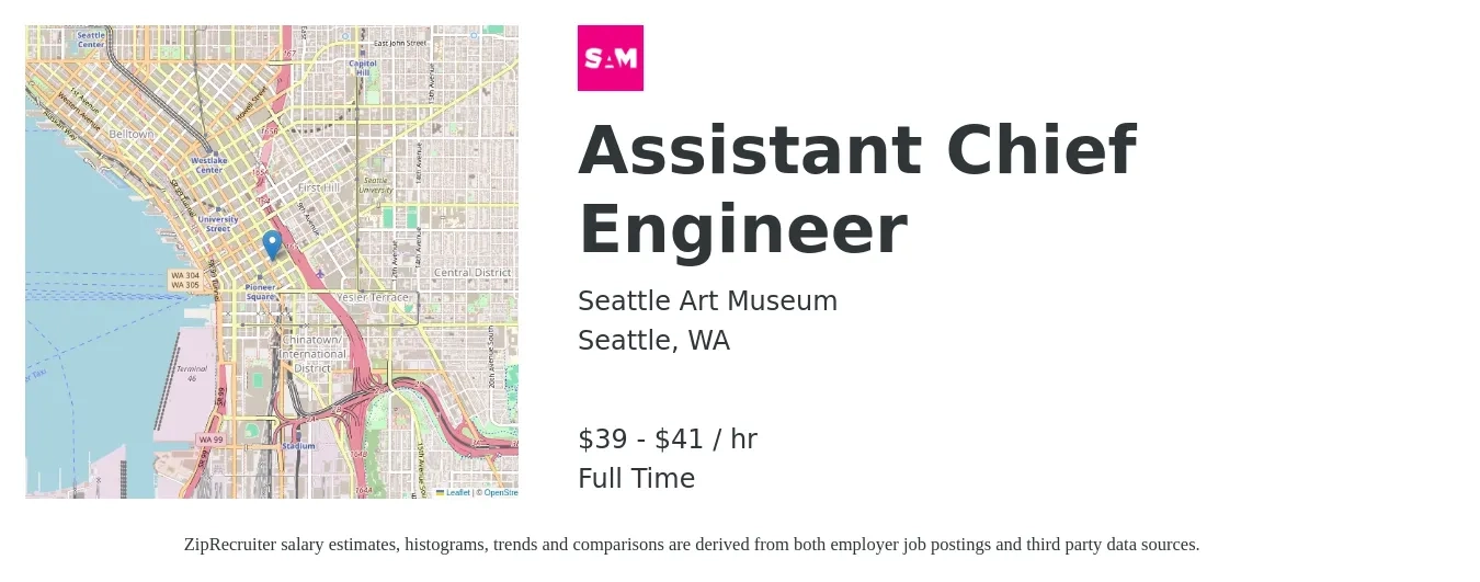 Seattle Art Museum job posting for a Assistant Chief Engineer in Seattle, WA with a salary of $41 to $43 Hourly with a map of Seattle location.