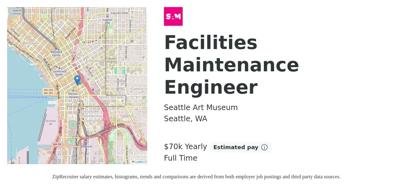 Seattle Art Museum job posting for a Facilities Maintenance Engineer in Seattle, WA with a salary of $70,000 Yearly with a map of Seattle location.