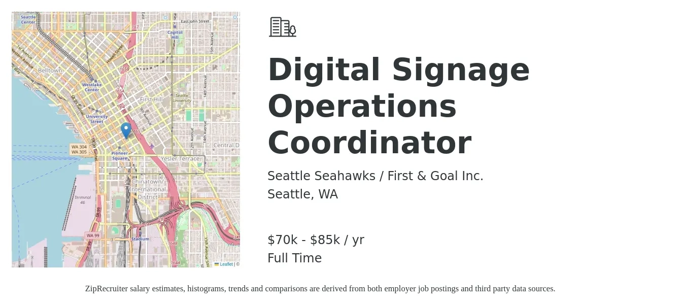 Seattle Seahawks / First & Goal Inc. job posting for a Digital Signage Operations Coordinator in Seattle, WA with a salary of $70,000 to $85,000 Yearly with a map of Seattle location.