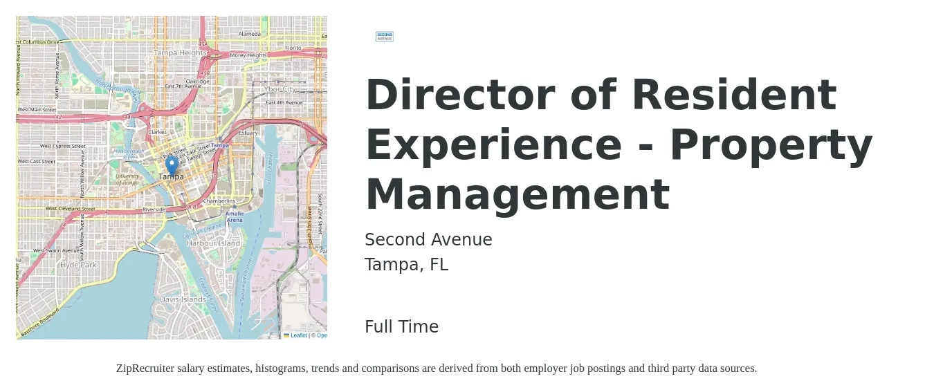 Second Avenue job posting for a Director of Resident Experience - Property Management in Tampa, FL with a salary of $48,700 to $67,100 Yearly with a map of Tampa location.