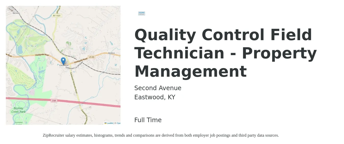 Second Avenue job posting for a Quality Control Field Technician - Property Management in Eastwood, KY with a salary of $19 to $24 Hourly with a map of Eastwood location.