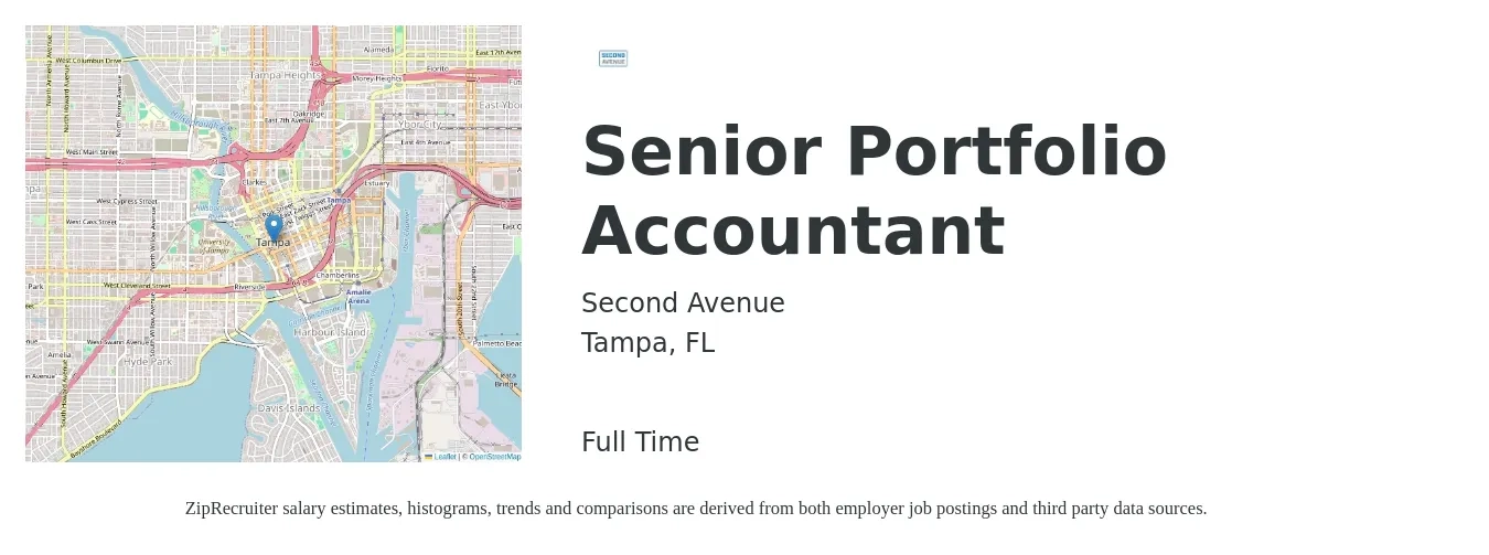 Second Avenue job posting for a Senior Portfolio Accountant in Tampa, FL with a salary of $69,900 to $87,900 Yearly with a map of Tampa location.