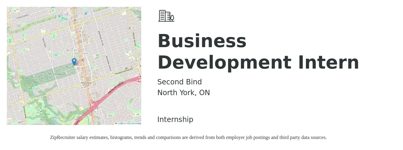 Second Bind job posting for a Business Development Intern in North York, ON with a map of North York location.