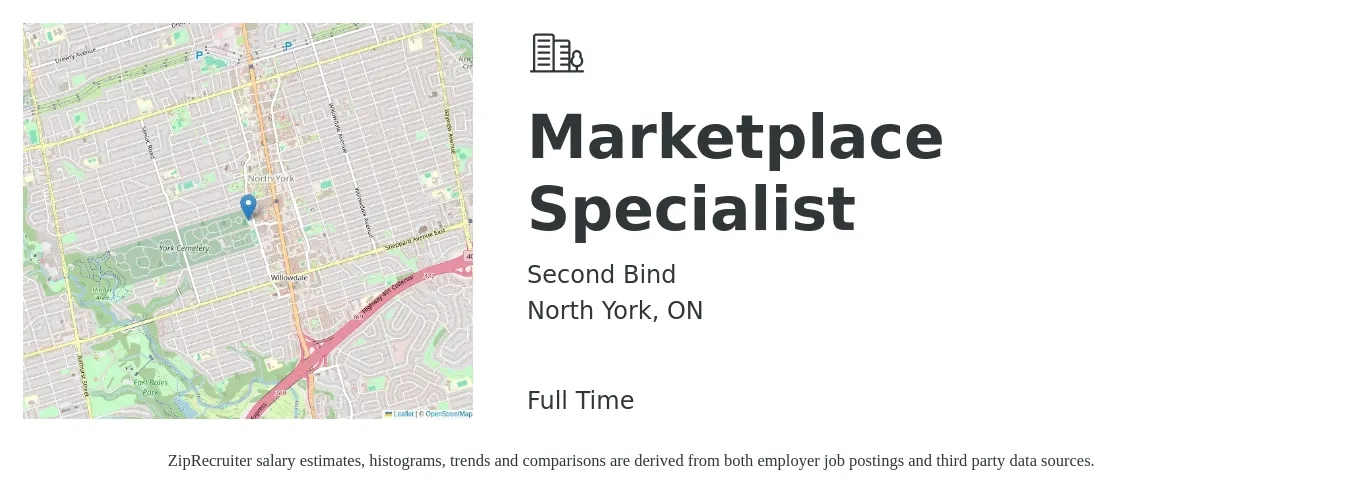 Second Bind job posting for a Marketplace Specialist in North York, ON with a map of North York location.