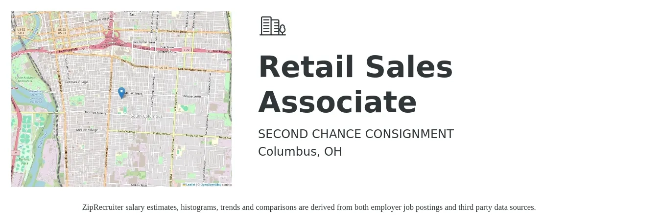 SECOND CHANCE CONSIGNMENT job posting for a Retail Sales Associate in Columbus, OH with a salary of $14 to $17 Hourly with a map of Columbus location.