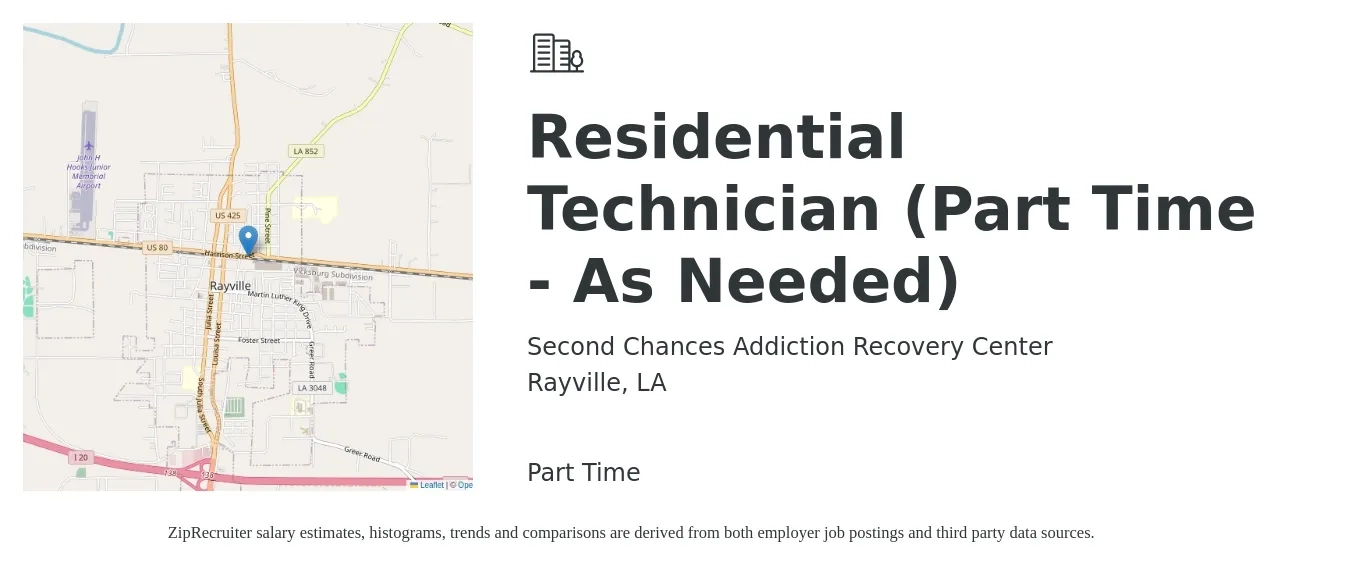 Second Chances Addiction Recovery Center job posting for a Residential Technician (Part Time - As Needed) in Rayville, LA with a salary of $18 to $26 Hourly with a map of Rayville location.