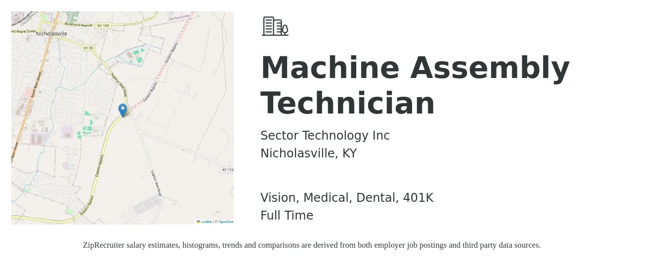 Sector Technology Inc job posting for a Machine Assembly Technician in Nicholasville, KY with a salary of $16 to $20 Hourly and benefits including vision, 401k, dental, and medical with a map of Nicholasville location.