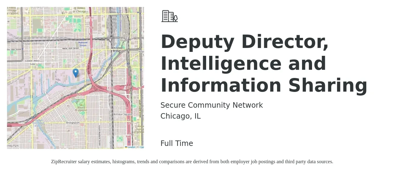 Secure Community Network job posting for a Deputy Director, Intelligence and Information Sharing in Chicago, IL with a salary of $108,800 to $157,700 Yearly with a map of Chicago location.