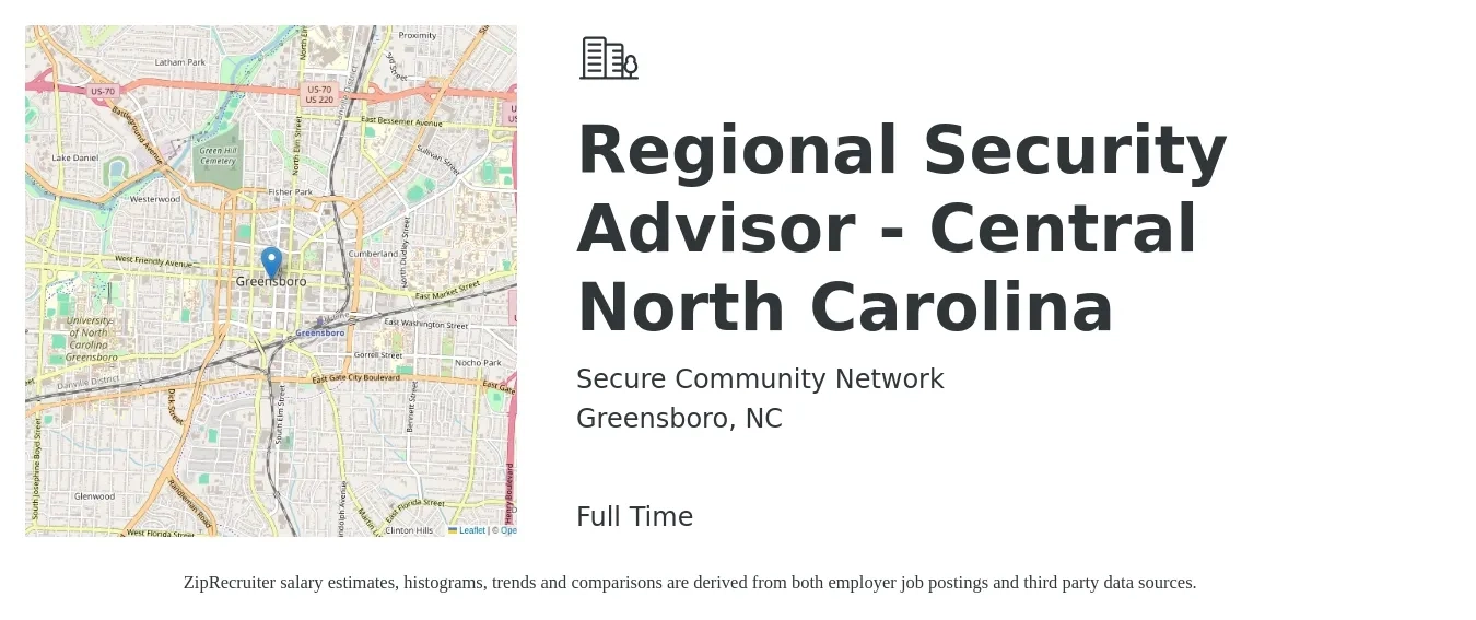 Secure Community Network job posting for a Regional Security Advisor - Central North Carolina in Greensboro, NC with a salary of $20 to $32 Hourly with a map of Greensboro location.