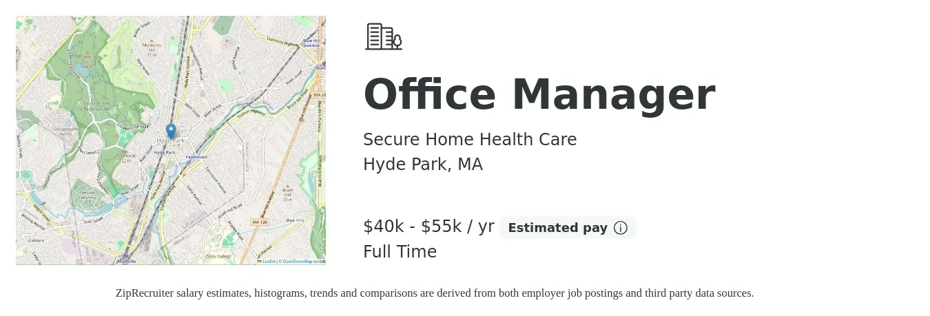 Secure Home Health Care job posting for a Office Manager in Hyde Park, MA with a salary of $40,000 to $55,000 Yearly with a map of Hyde Park location.