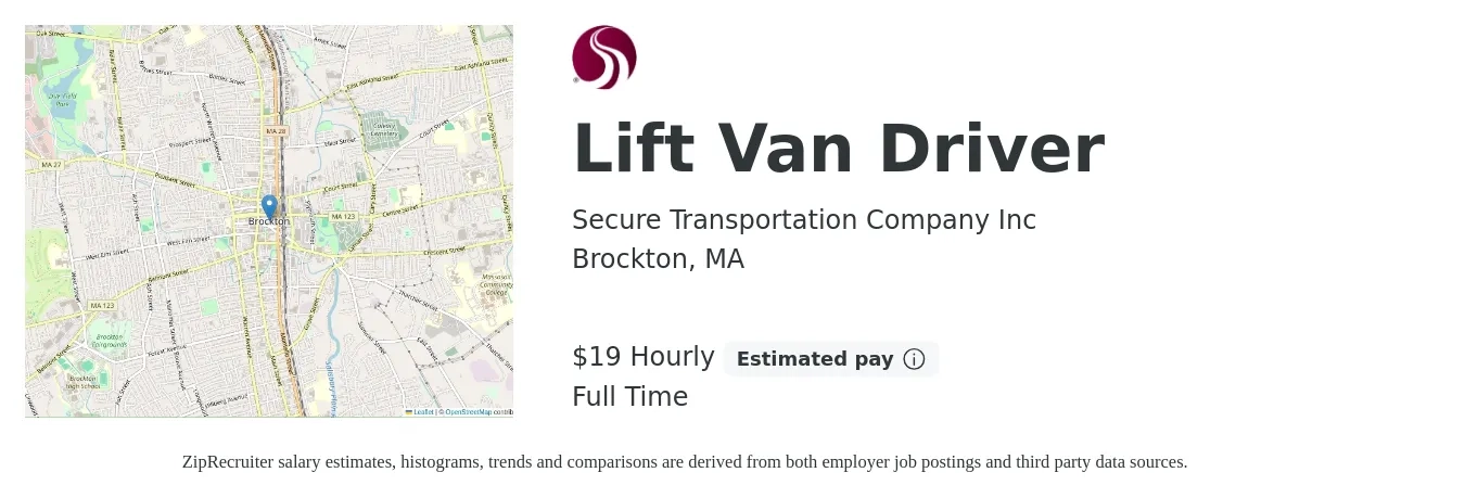 Secure Transportation Company Inc job posting for a Lift Van Driver in Brockton, MA with a salary of $20 to $20 Hourly with a map of Brockton location.
