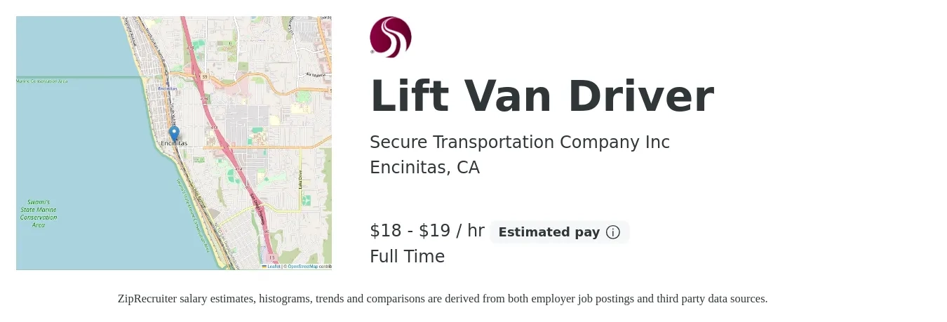 Secure Transportation Company Inc job posting for a Lift Van Driver in Encinitas, CA with a salary of $19 to $20 Hourly with a map of Encinitas location.