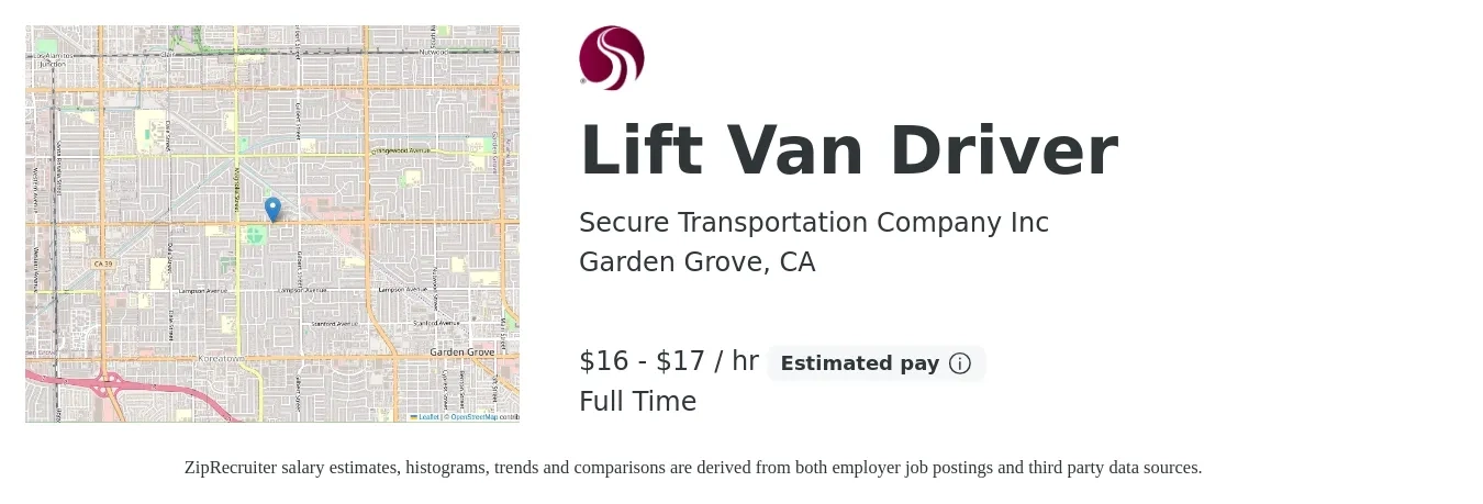 Secure Transportation Company Inc job posting for a Lift Van Driver in Garden Grove, CA with a salary of $18 to $18 Hourly with a map of Garden Grove location.
