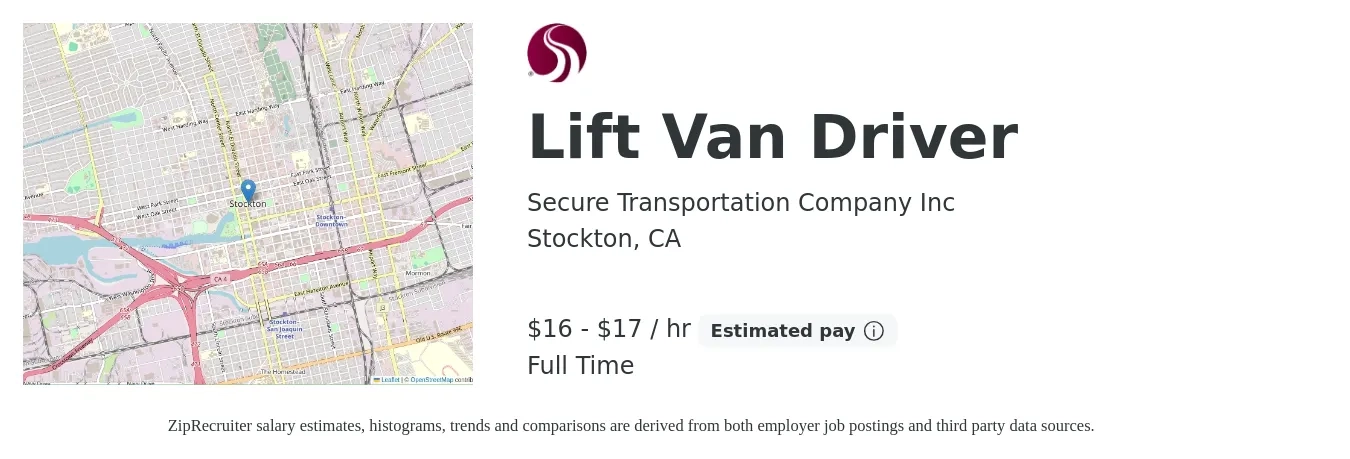 Secure Transportation Company Inc job posting for a Lift Van Driver in Stockton, CA with a salary of $18 to $18 Hourly with a map of Stockton location.