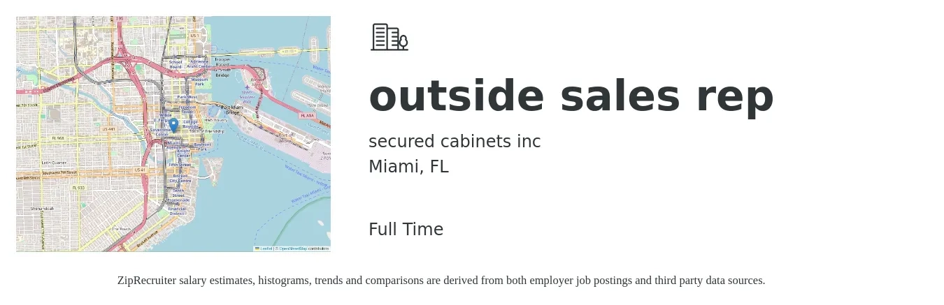 secured cabinets inc job posting for a outside sales rep in Miami, FL with a salary of $250 to $350 Weekly (plus commission) with a map of Miami location.