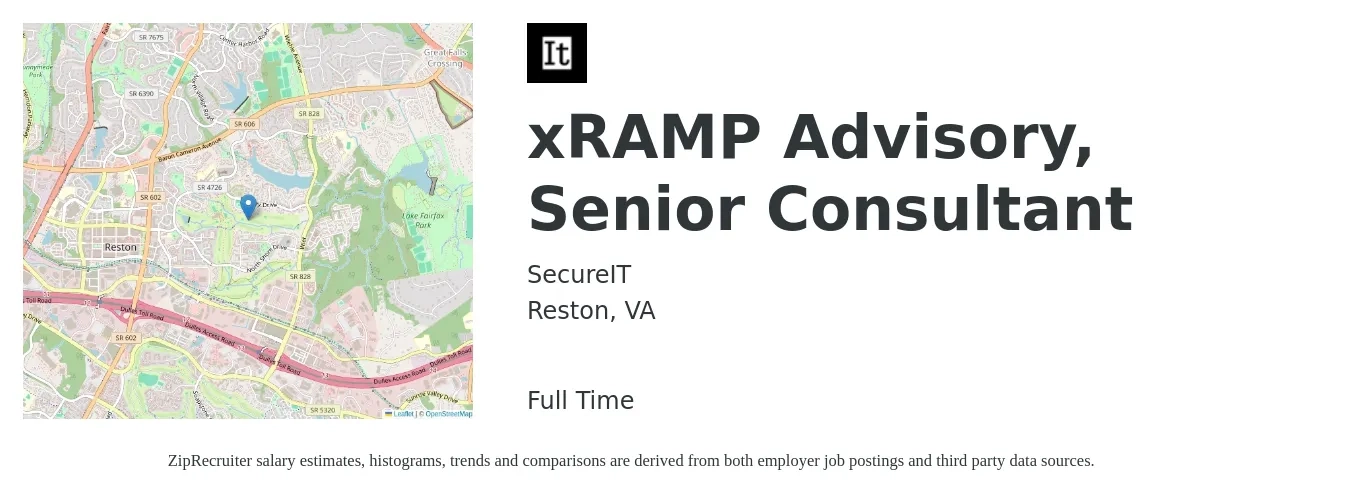 SecureIT job posting for a xRAMP Advisory, Senior Consultant in Reston, VA with a salary of $91,200 to $143,800 Yearly with a map of Reston location.