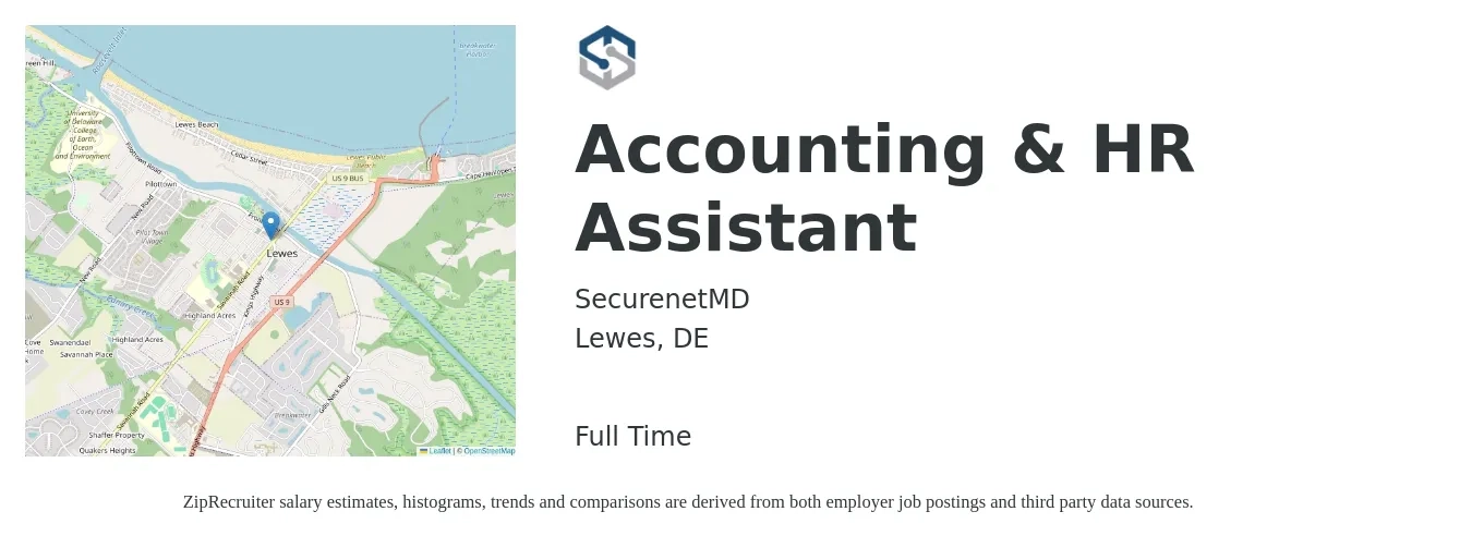 SecurenetMD job posting for a Accounting & HR Assistant in Lewes, DE with a salary of $18 to $24 Hourly with a map of Lewes location.