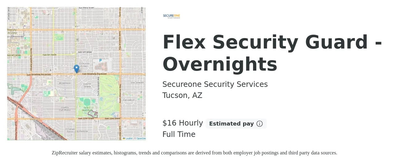 Secureone Security Services job posting for a Flex Security Guard - Overnights in Tucson, AZ with a salary of $17 Hourly with a map of Tucson location.