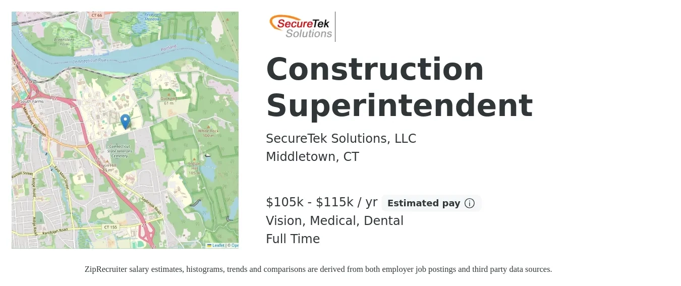 SecureTek Solutions, LLC job posting for a Construction Superintendent in Middletown, CT with a salary of $105,000 to $115,000 Yearly and benefits including retirement, vision, dental, life_insurance, and medical with a map of Middletown location.