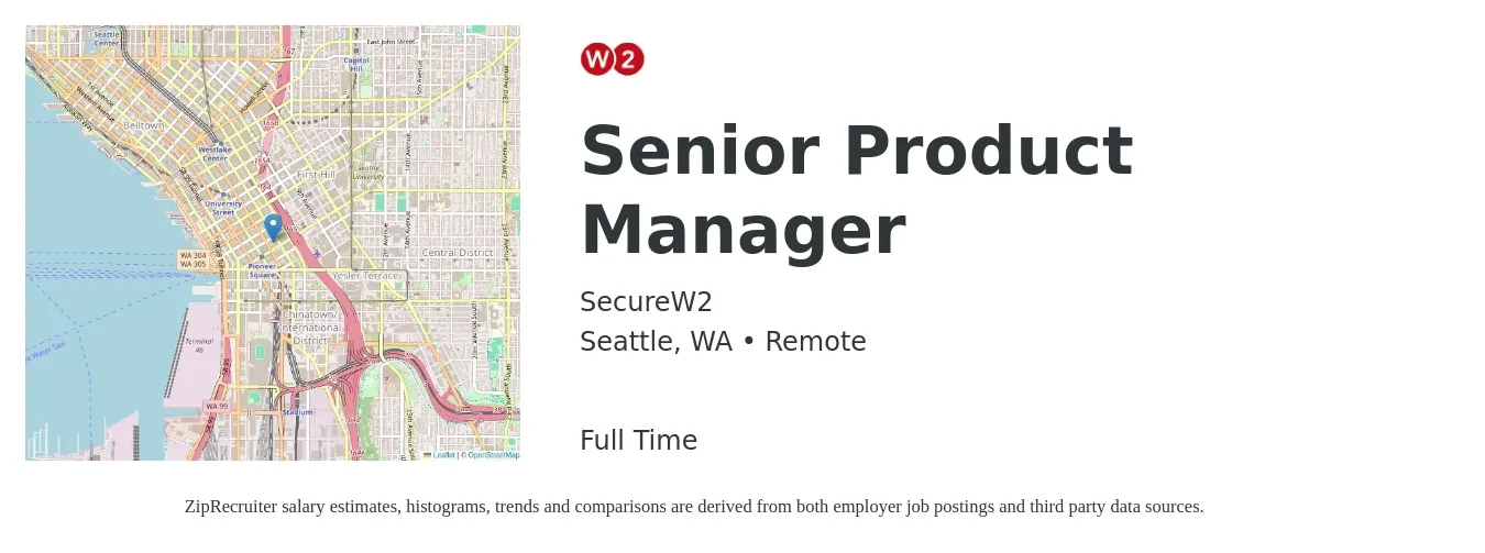 SecureW2 job posting for a Senior Product Manager in Seattle, WA with a salary of $144,000 to $190,000 Yearly with a map of Seattle location.