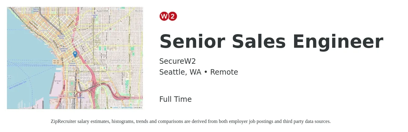 SecureW2 job posting for a Senior Sales Engineer in Seattle, WA with a salary of $120,100 to $158,800 Yearly with a map of Seattle location.