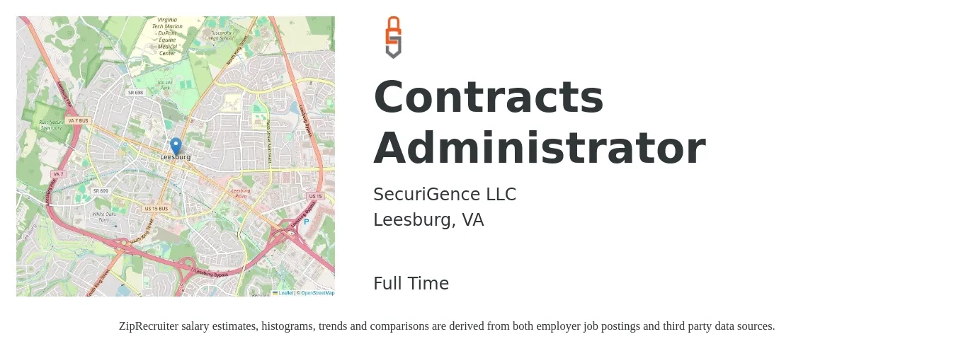 SecuriGence LLC job posting for a Contracts Administrator in Leesburg, VA with a salary of $57,700 to $89,000 Yearly with a map of Leesburg location.