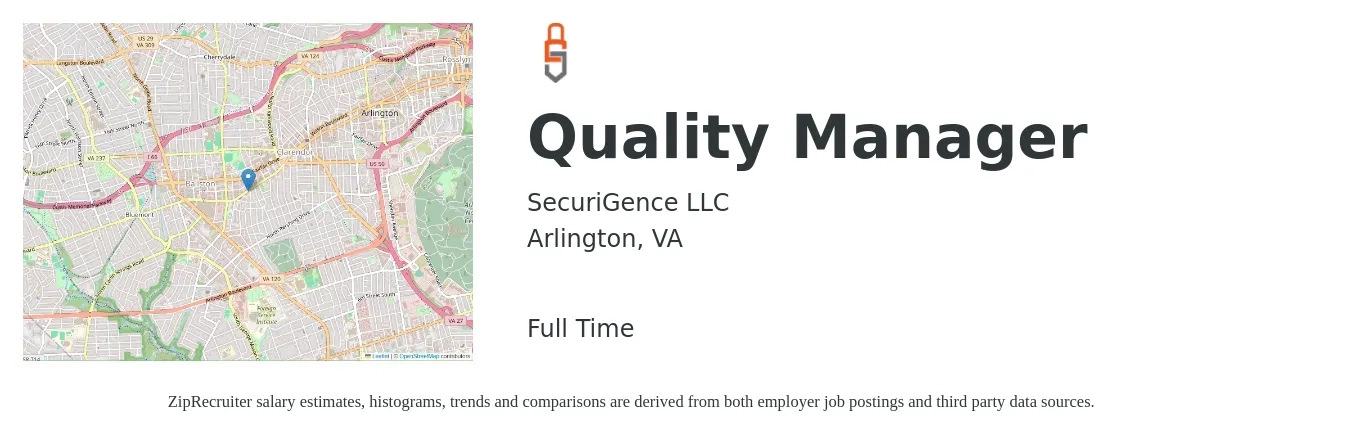 SecuriGence LLC job posting for a Quality Manager in Arlington, VA with a salary of $81,100 to $126,600 Yearly with a map of Arlington location.