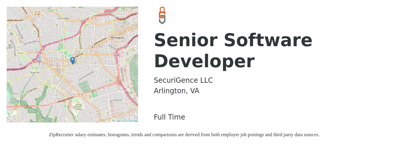 SecuriGence LLC job posting for a Senior Software Developer in Arlington, VA with a salary of $63 to $83 Hourly with a map of Arlington location.