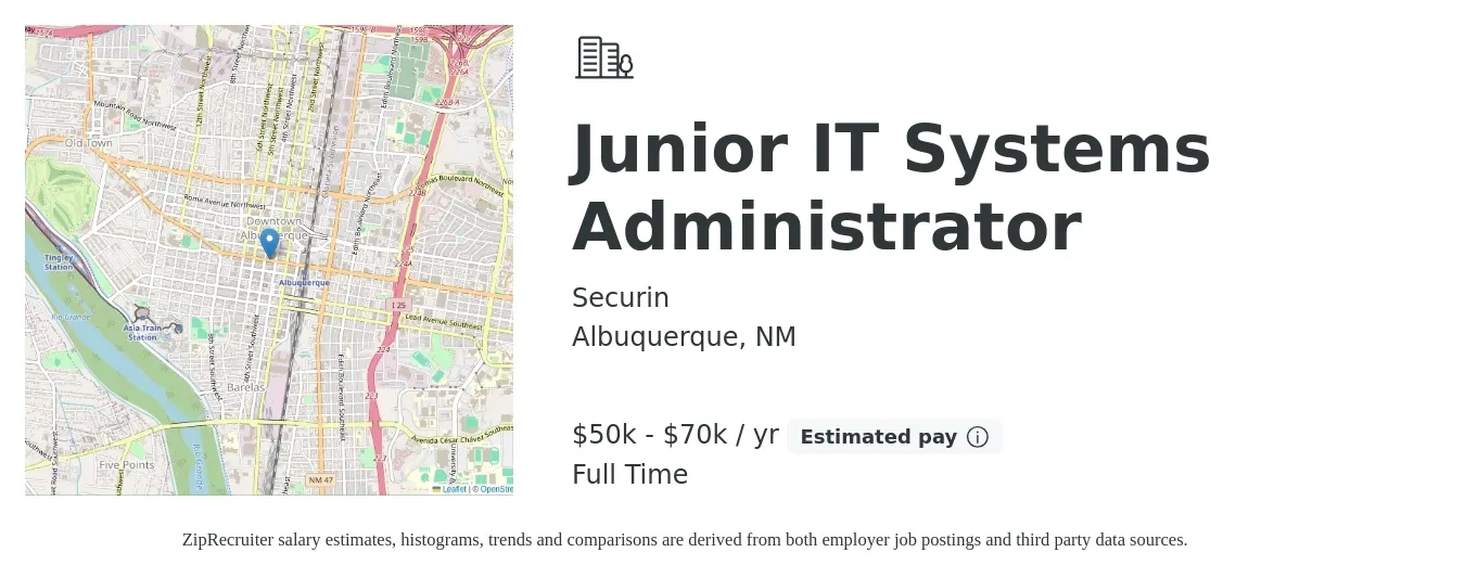 Securin job posting for a Junior IT Systems Administrator in Albuquerque, NM with a salary of $50,000 to $70,000 Yearly with a map of Albuquerque location.
