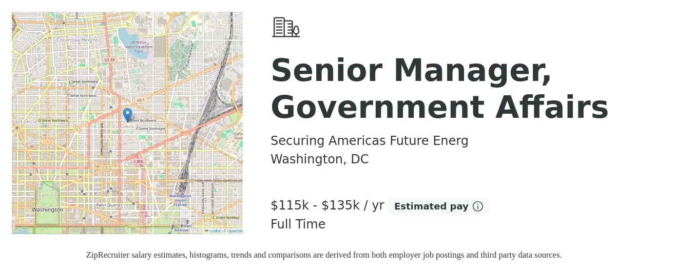 Securing Americas Future Energ job posting for a Senior Manager, Government Affairs in Washington, DC with a salary of $115,000 to $135,000 Yearly with a map of Washington location.