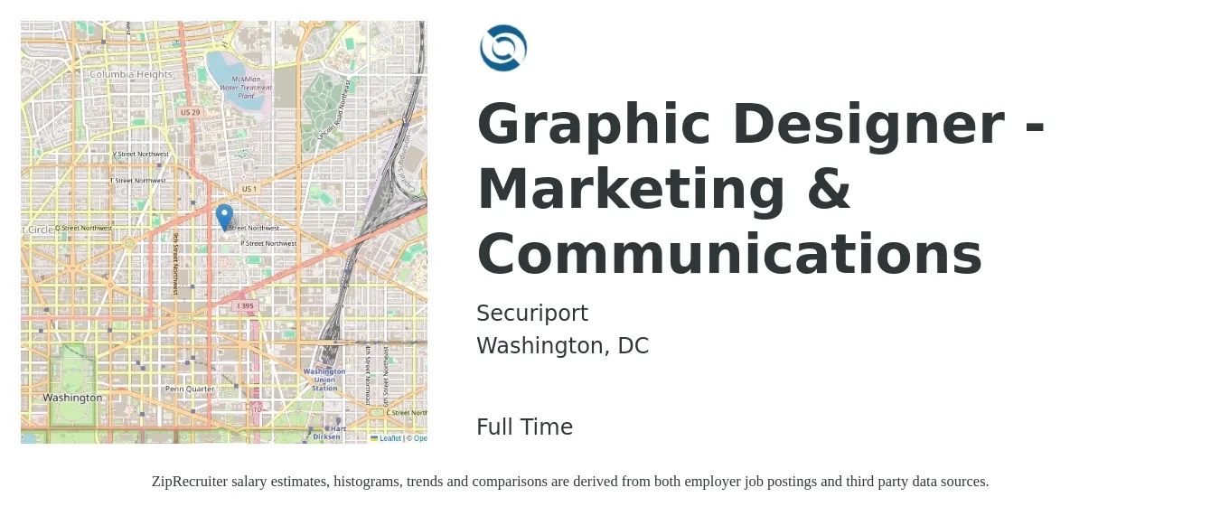 Securiport job posting for a Graphic Designer - Marketing & Communications in Washington, DC with a salary of $24 to $37 Hourly with a map of Washington location.