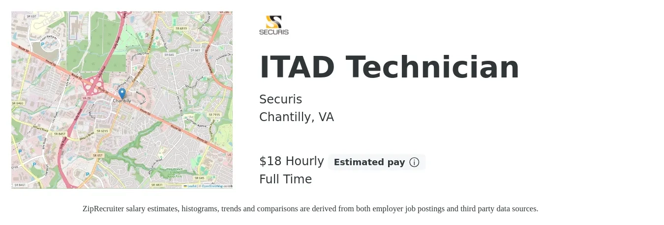 Securis job posting for a ITAD Technician in Chantilly, VA with a salary of $19 Hourly with a map of Chantilly location.