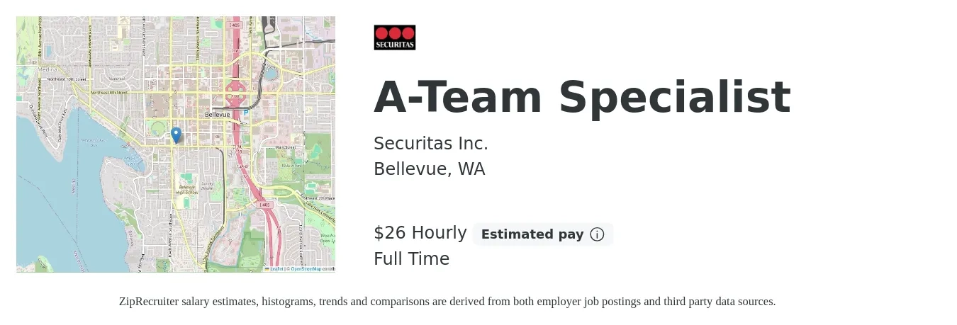 Securitas job posting for a A-Team Specialist in Bellevue, WA with a salary of $27 Hourly with a map of Bellevue location.