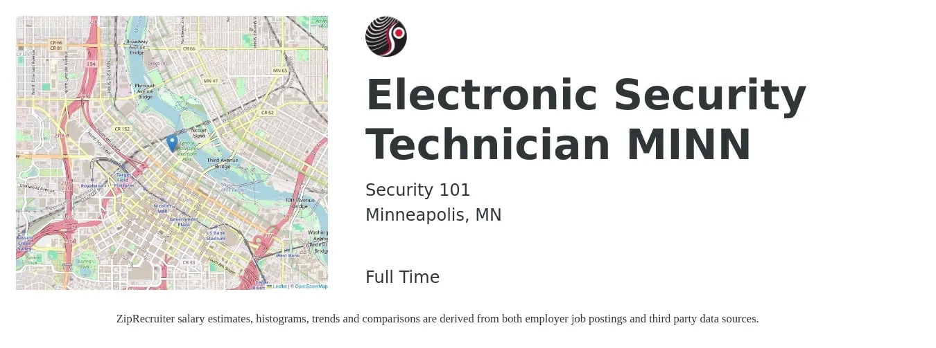 Security 101 job posting for a Electronic Security Technician MINN in Minneapolis, MN with a salary of $30 to $35 Hourly with a map of Minneapolis location.