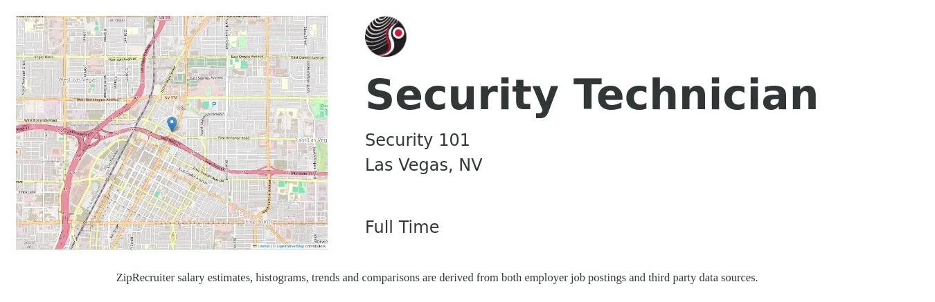 Security 101 job posting for a Security Technician in Las Vegas, NV with a salary of $25 to $30 Hourly with a map of Las Vegas location.