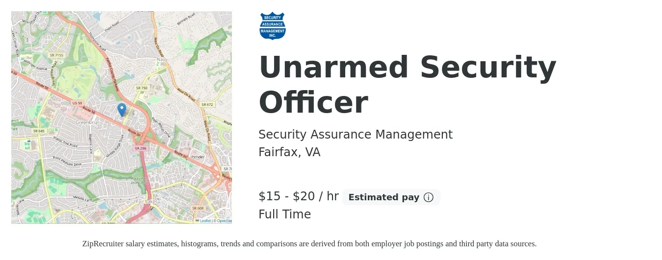Security Assurance Management job posting for a Unarmed Security Officer in Fairfax, VA with a salary of $16 to $21 Hourly and benefits including pto with a map of Fairfax location.