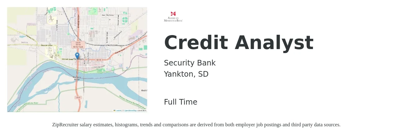 Security Bank job posting for a Credit Analyst in Yankton, SD with a salary of $22 to $32 Hourly with a map of Yankton location.