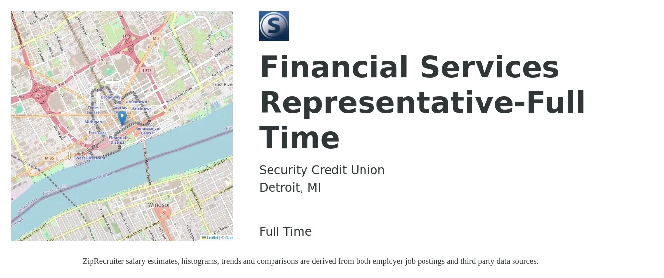 Security Credit Union job posting for a Financial Services Representative-Full Time in Detroit, MI with a salary of $18 to $28 Hourly with a map of Detroit location.