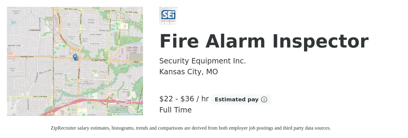 Security Equipment Inc. job posting for a Fire Alarm Inspector in Kansas City, MO with a salary of $23 to $38 Hourly with a map of Kansas City location.