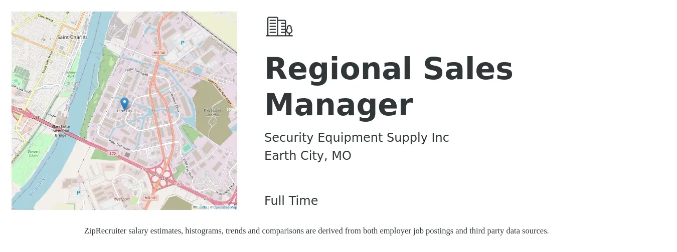 Security Equipment Supply Inc job posting for a Regional Sales Manager in Earth City, MO with a salary of $68,300 to $106,700 Yearly with a map of Earth City location.