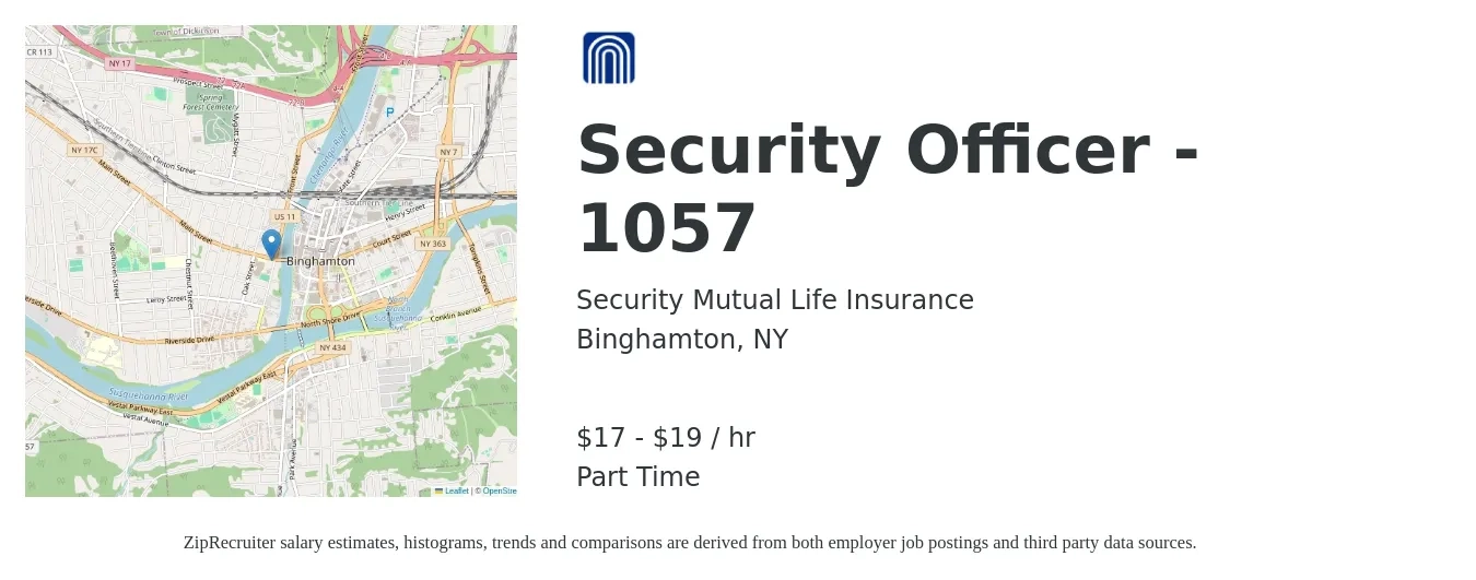 Security Mutual Life Insurance job posting for a Security Officer - 1057 in Binghamton, NY with a salary of $18 to $20 Hourly with a map of Binghamton location.