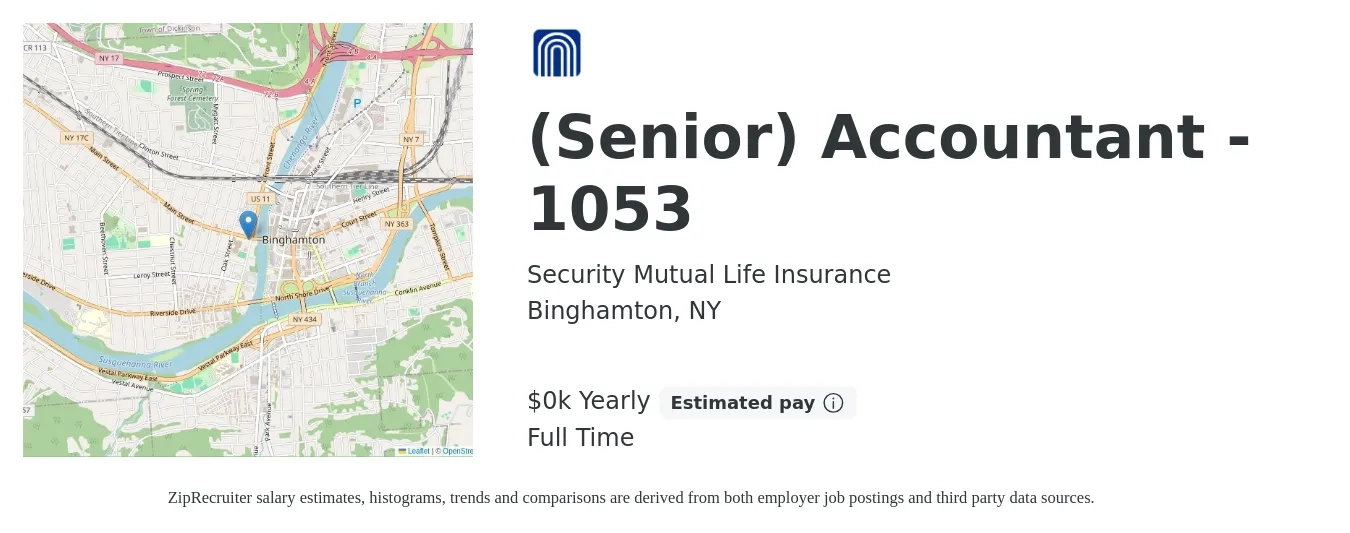 Security Mutual Life Insurance job posting for a (Senior) Accountant - 1053 in Binghamton, NY with a salary of $24 to $36 Yearly with a map of Binghamton location.