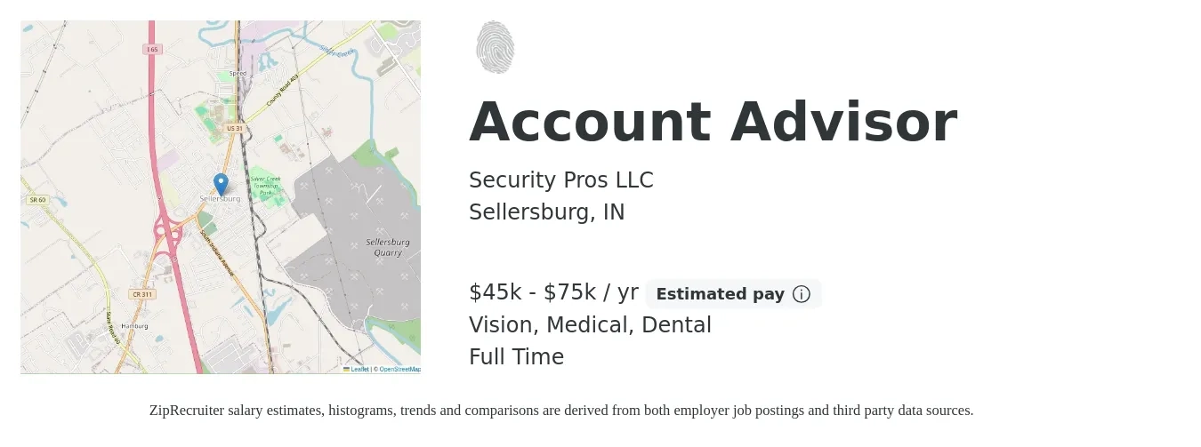 Security Pros LLC job posting for a Account Advisor in Sellersburg, IN with a salary of $45,000 to $75,000 Yearly (plus commission) and benefits including dental, life_insurance, medical, pto, retirement, and vision with a map of Sellersburg location.