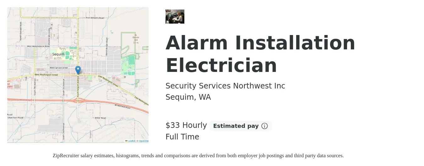 Security Services Northwest Inc job posting for a Alarm Installation Electrician in Sequim, WA with a salary of $35 Hourly with a map of Sequim location.