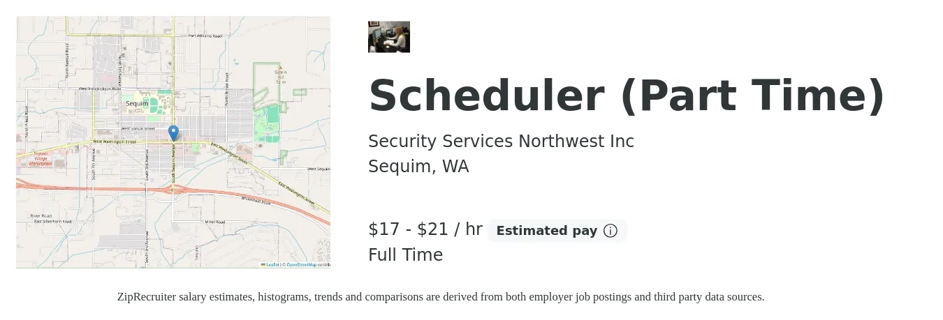 Security Services Northwest Inc job posting for a Scheduler (Part Time) in Sequim, WA with a salary of $18 to $22 Hourly with a map of Sequim location.